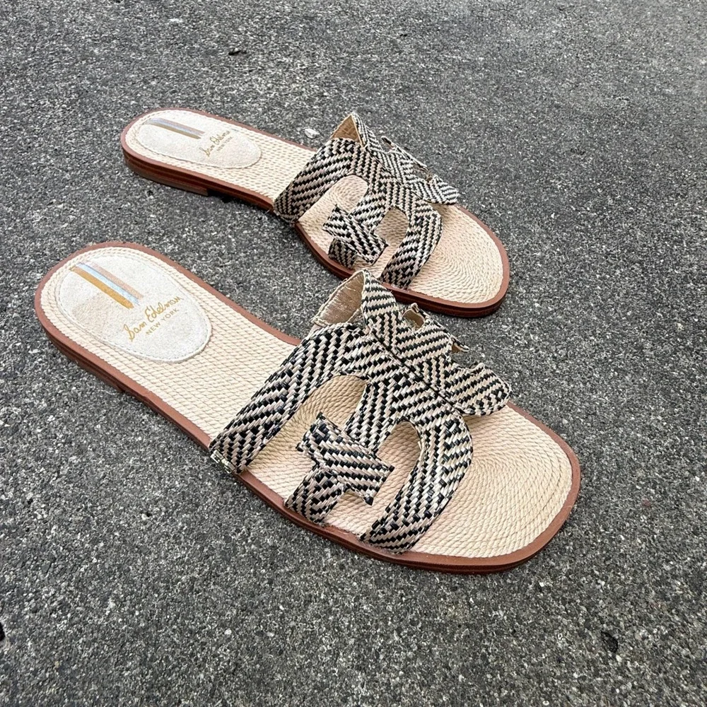 Sam Edelman Woven Beach Vacation Slide Sandals Natural Black Chevron Sz 8M Flat
